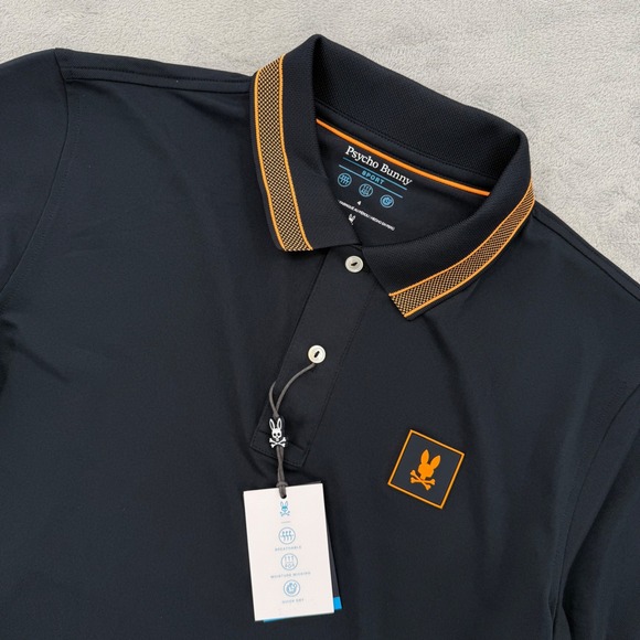 PSYCHO BUNNY Tarrytown Sport Tipped Piqué Knit Polo In Navy Mens Size 4‎